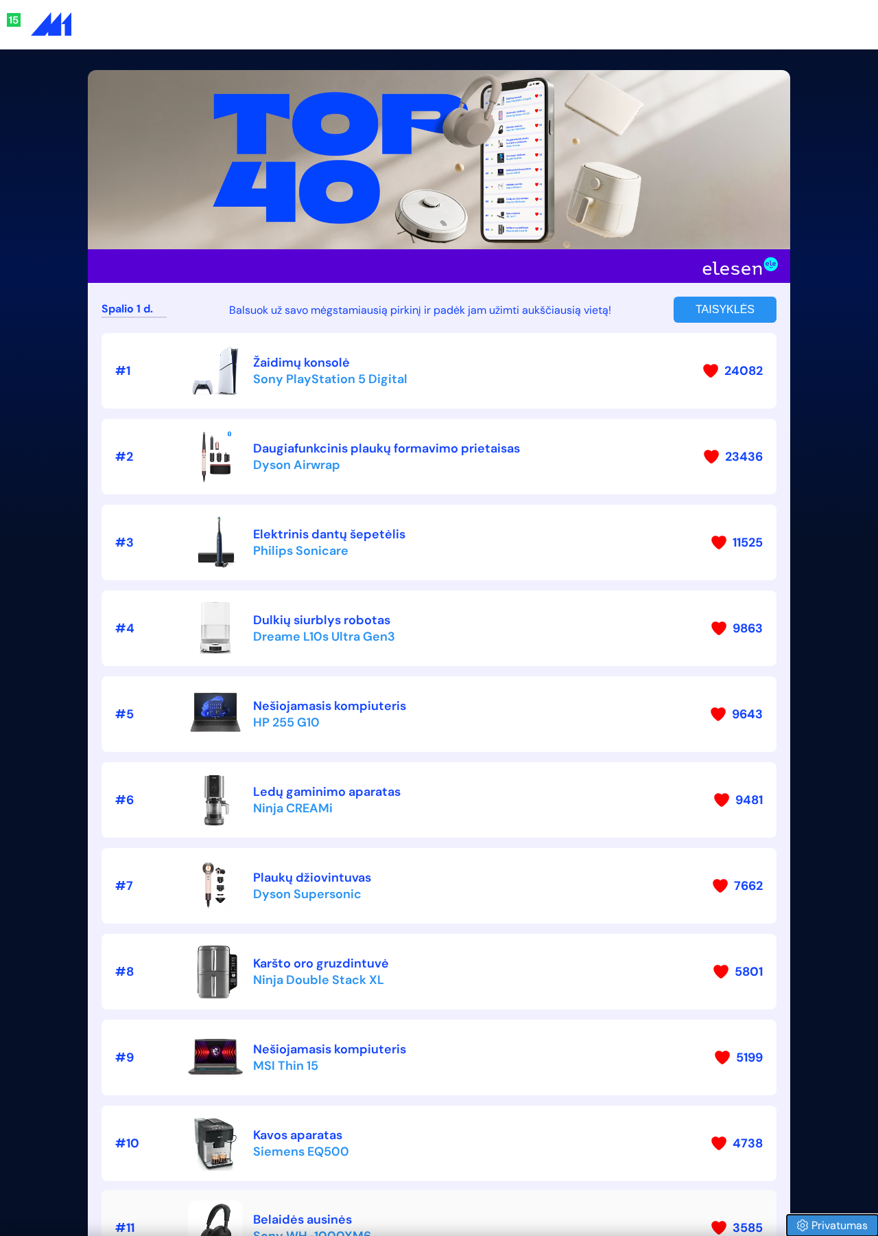 Elesen TOP40 balsavimo puslapis