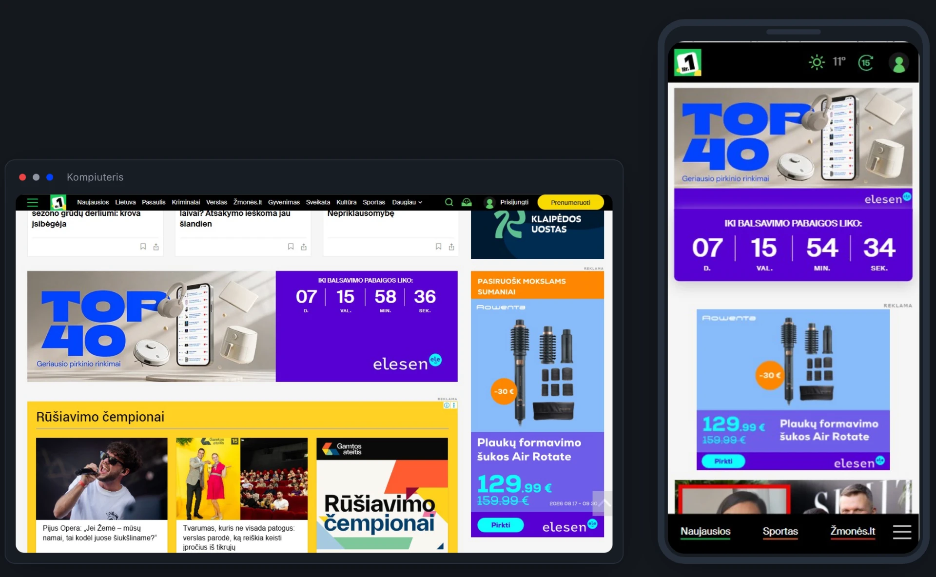 Elesen TOP40 baneriai 15min tituliniame puslapyje