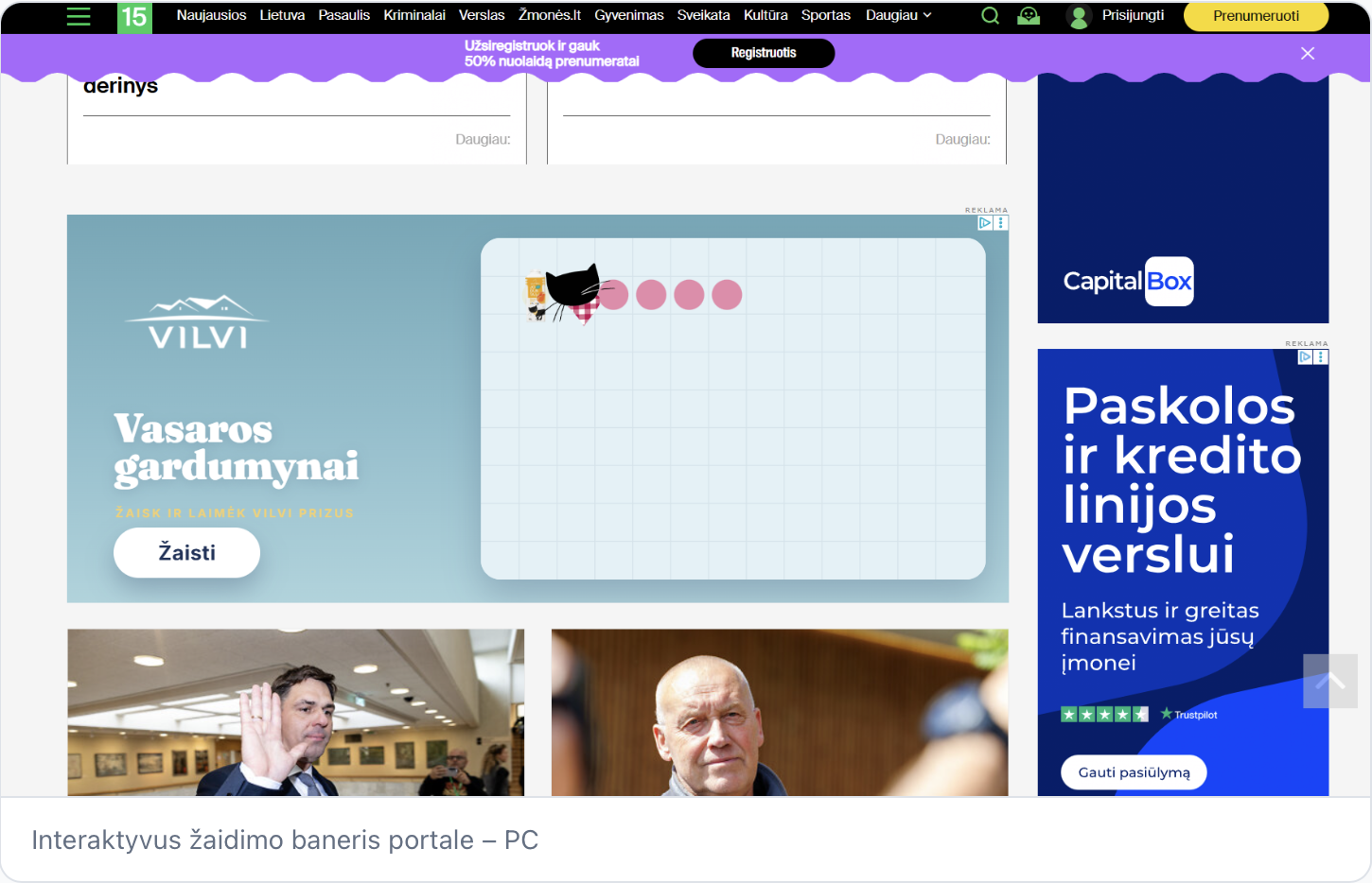 Vilvi žaidimo baneris 15min tituliniame puslapyje