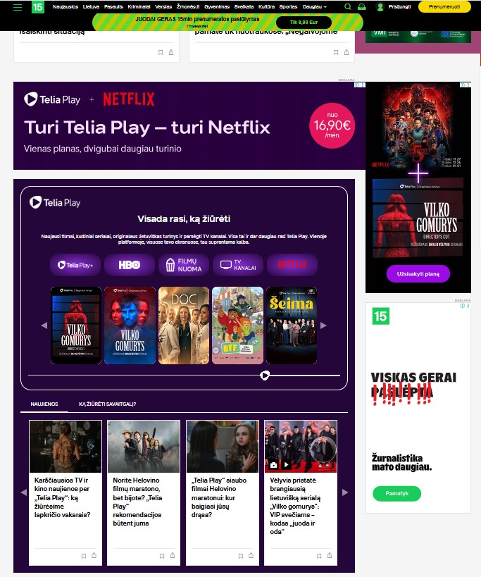 Telia Play reklamos integracija 15min puslapyje